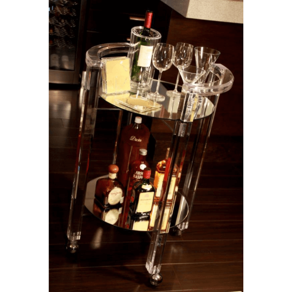 Round Rolling Trolley Bar with Mirrors - 2 in Acrylic